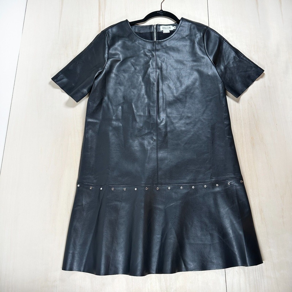 Molly Bracken Faux Leather Black Mini Dress M Rivets Biker Moto